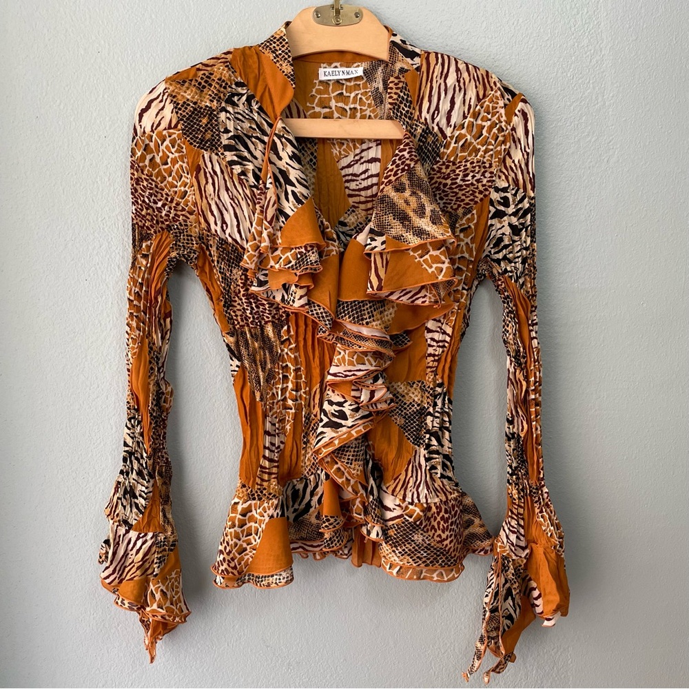 Kaelyn Max | 90s Orange Animal Print Frilly Ruffle Long-Sleeve Blouse - Picture 3 of 7